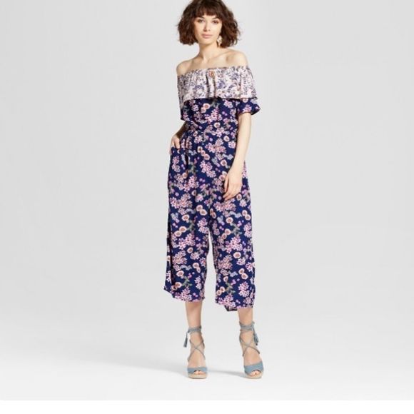 Xhilaration Pants & Jumpsuits Mixed Print Off The Shoulder Jumpsuit